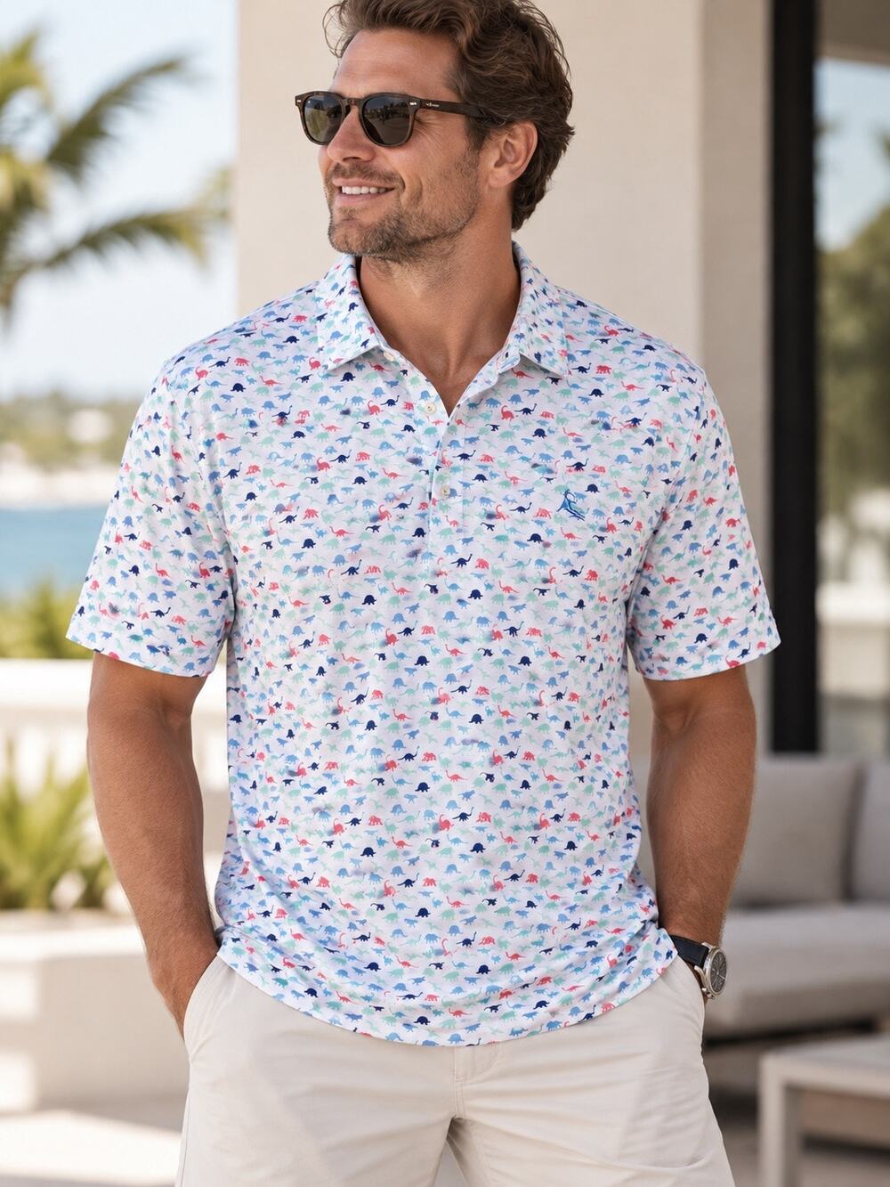 Rhoback Dinosaur Print Short Sleeve Performance Golf Shirt White Multi Men's XXL